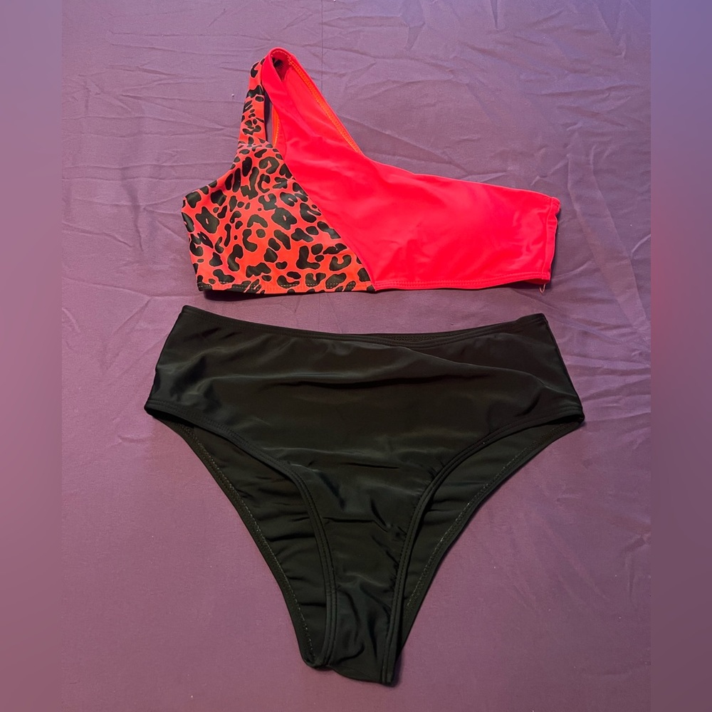 Pink/Black Leopard Print High Waisted Bikini Set